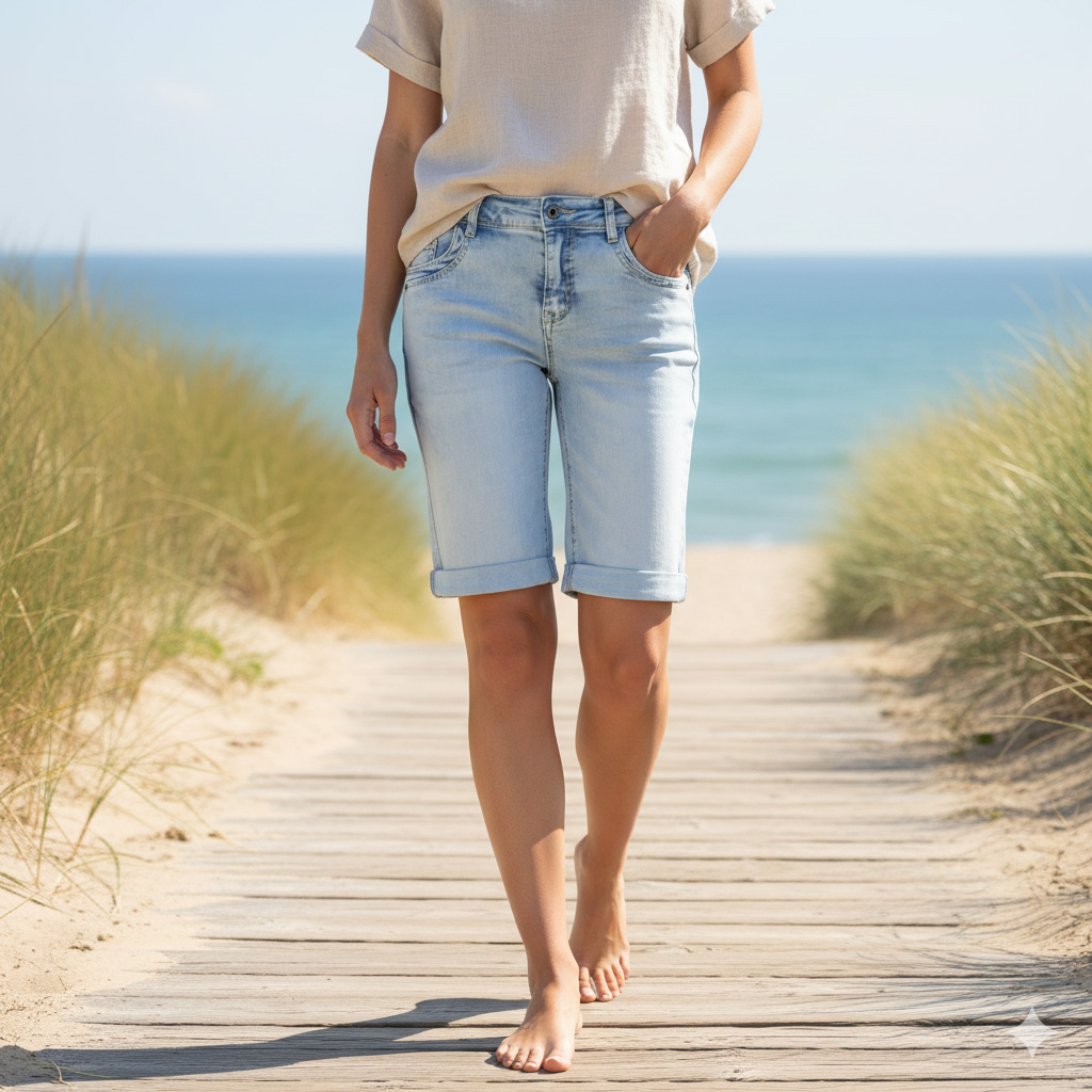 Weibliches Model mit CAMPS BAY Bermuda-Jeans in Light Blue