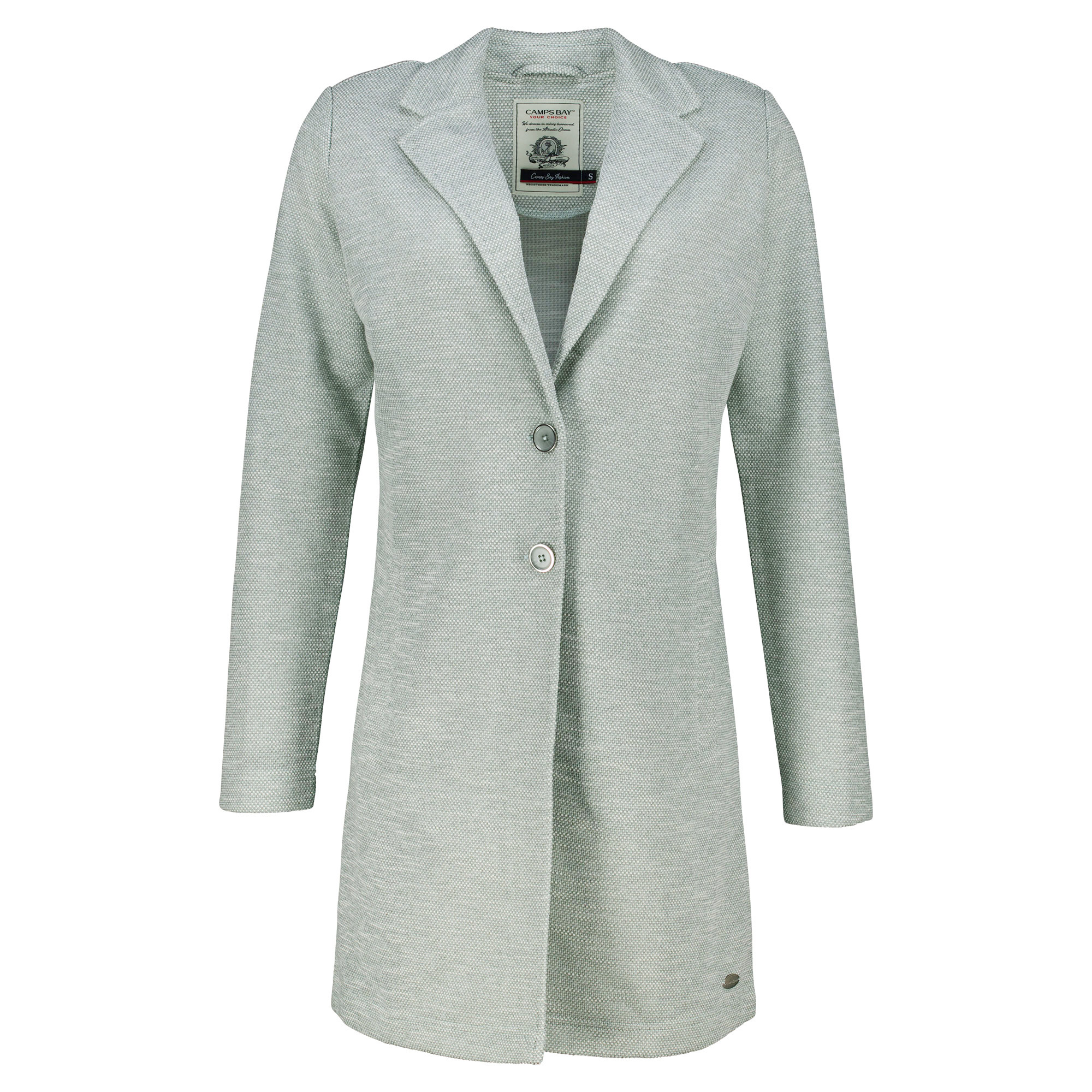 Weibliches Model mit CAMPS BAY Long-Blazer in Smooth Jade