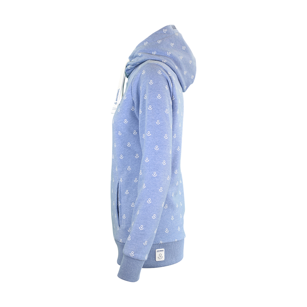 ANKERBRAUT Hoodie "...und vergiss nicht, glücklich zu sein" Weibliches Model mit ANKERBRAUT Hoodie in Blue Melange