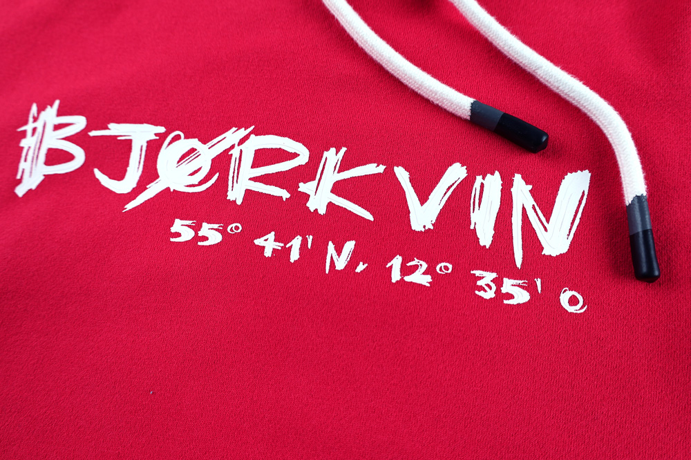 Männliches Model mit Björkvin Hoodie in Rot