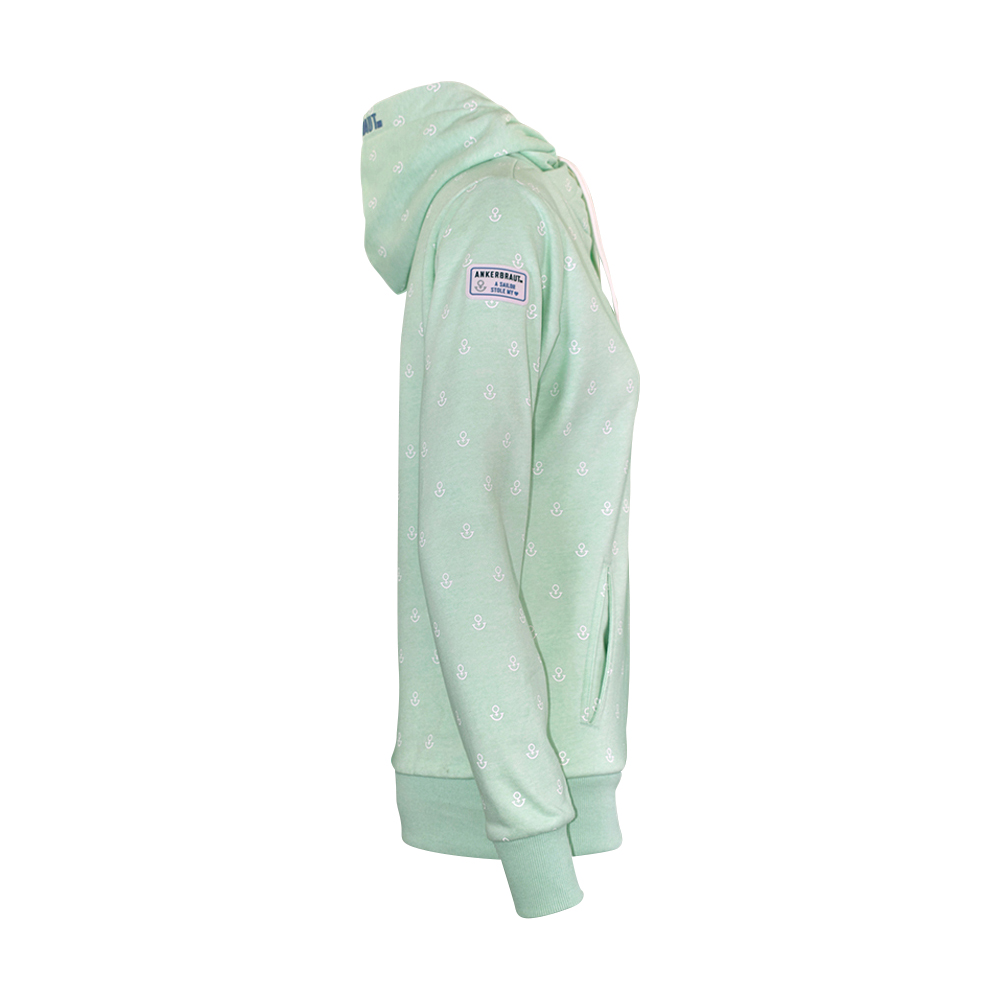 ANKERBRAUT Hoodie "...und vergiss nicht, glücklich zu sein" Weibliches Model mit ANKERBRAUT Hoodie in Mint Melange