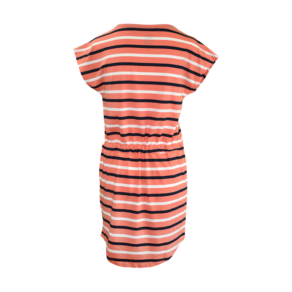 Weibliches Model mit CAMPS BAY Jerseykleid in Fusion Coral-Night Sky-Cloud Dancer