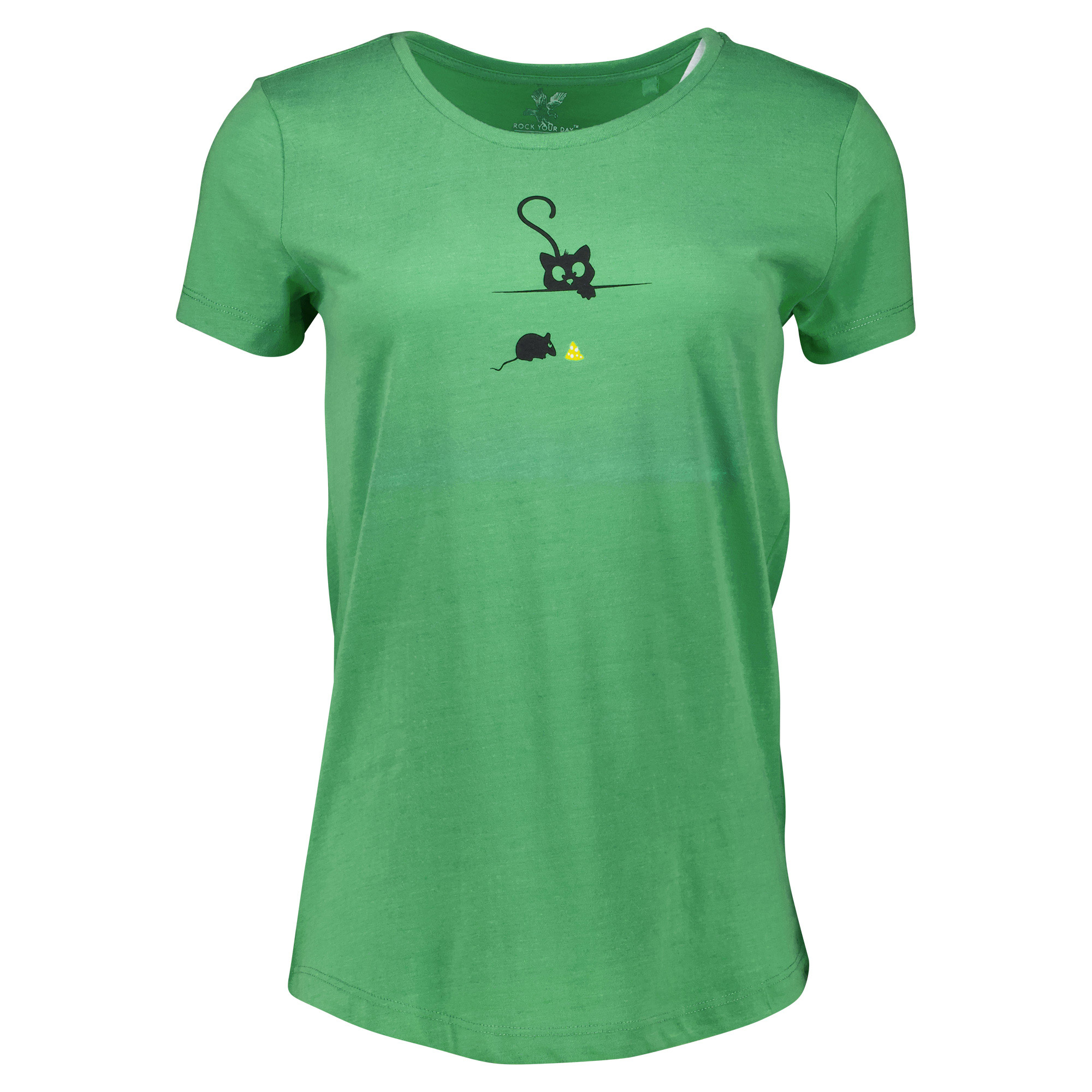 Weibliches Model mit Rock You Day T-Shirt in Vibrant Green Melange