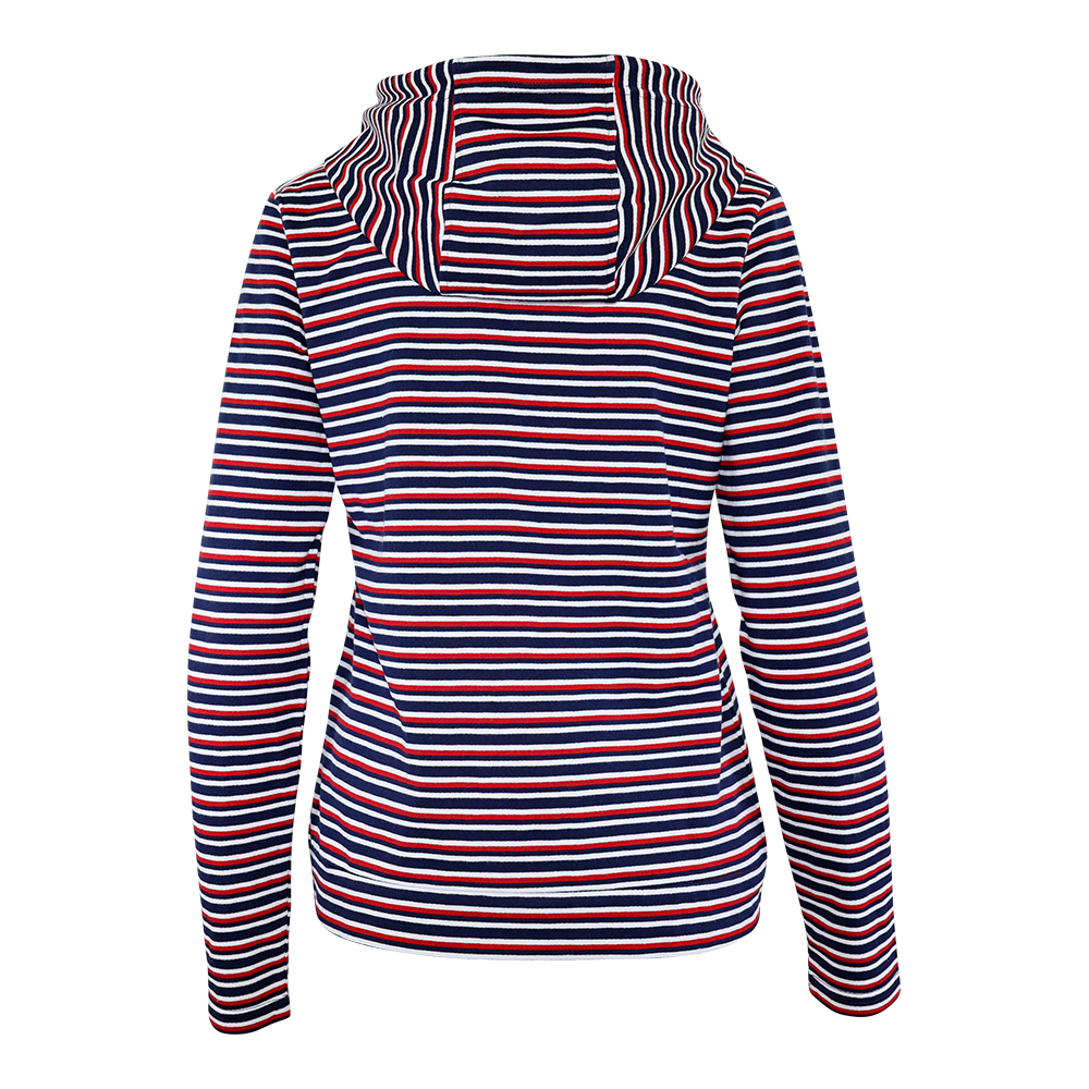 Weibliches Model mit CAMPS BAY Hoodie in Rot gestreift