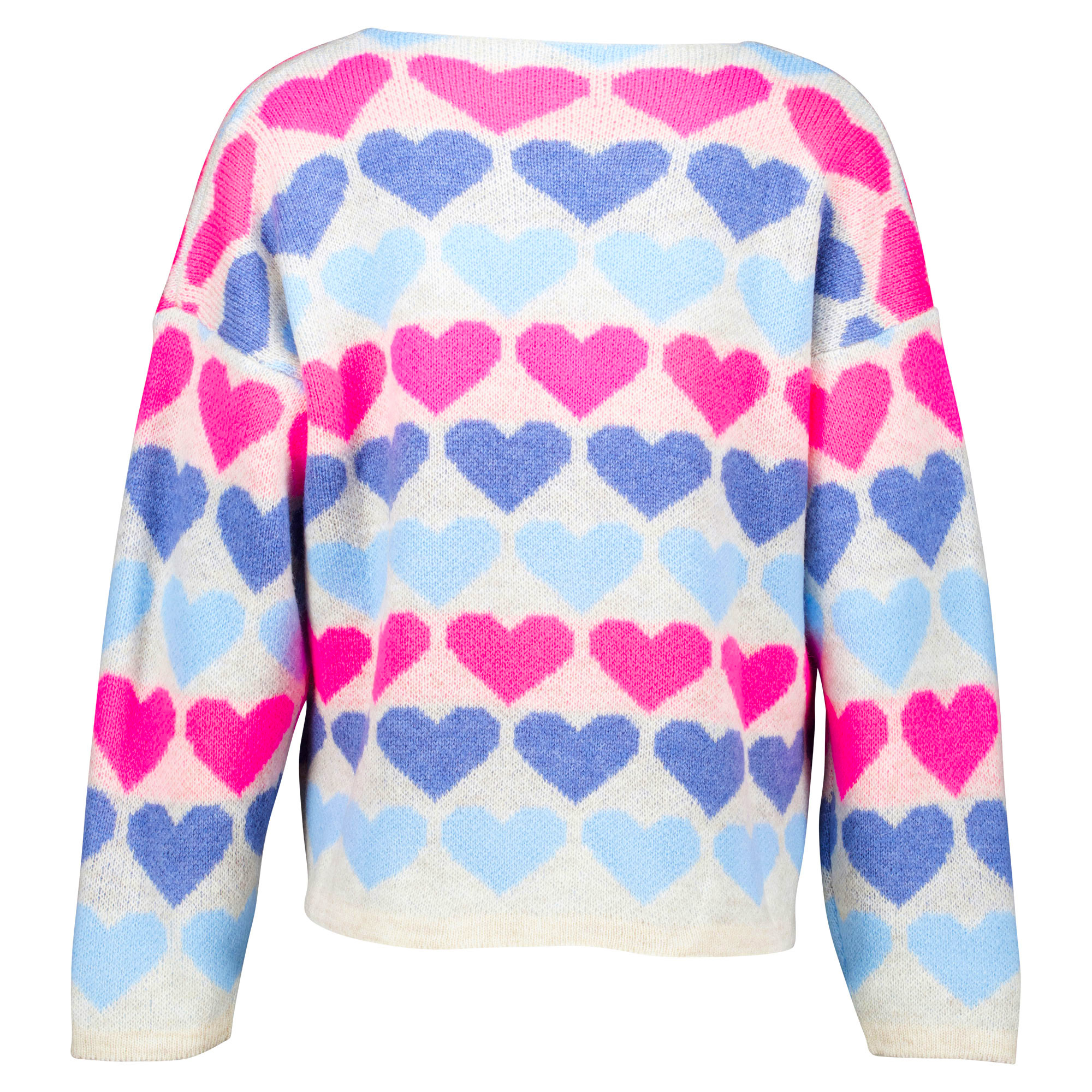 Weibliches Model mit Rock Your Day Strickjacke in Beige-Blue-Hearts