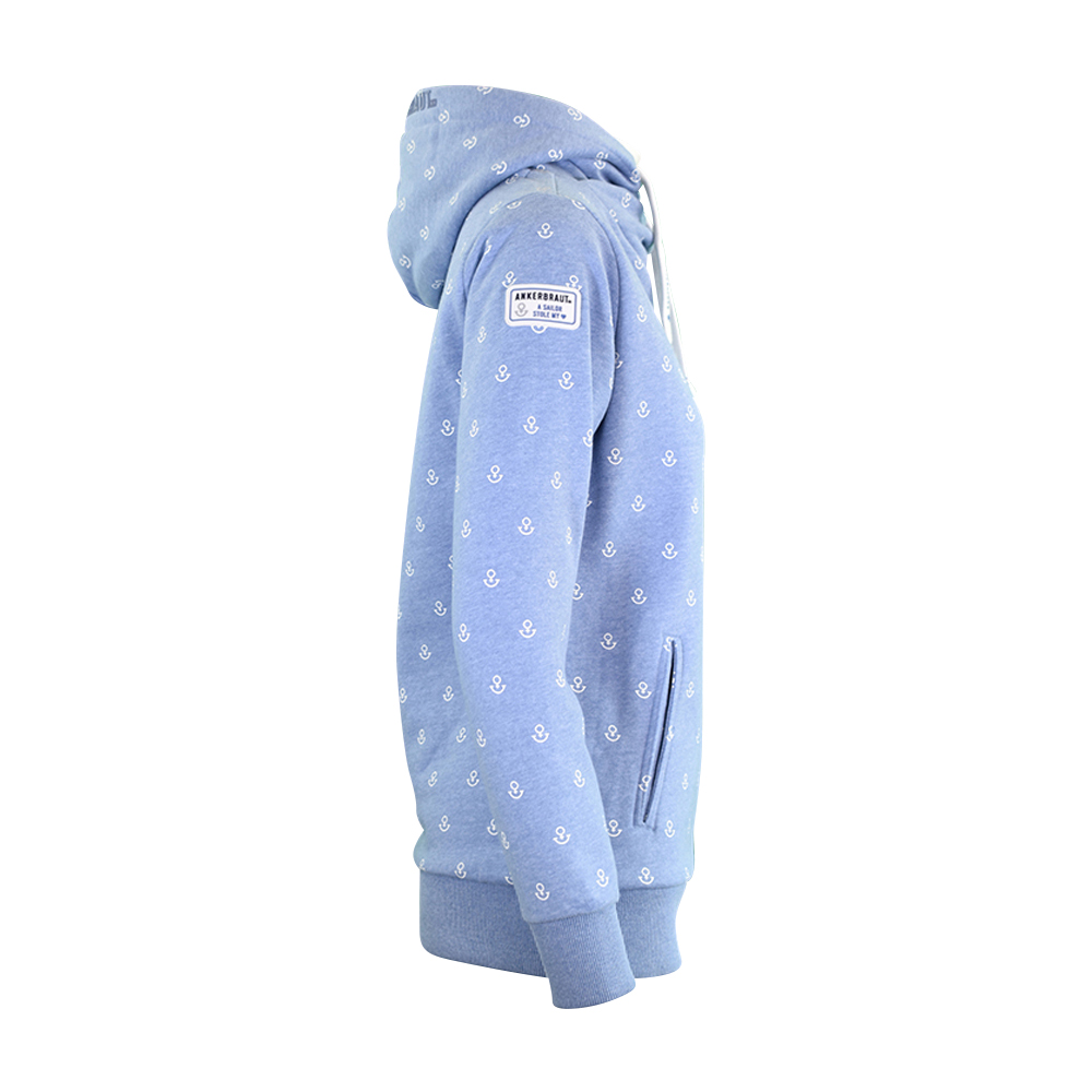 ANKERBRAUT Hoodie "...und vergiss nicht, glücklich zu sein" Weibliches Model mit ANKERBRAUT Hoodie in Blue Melange
