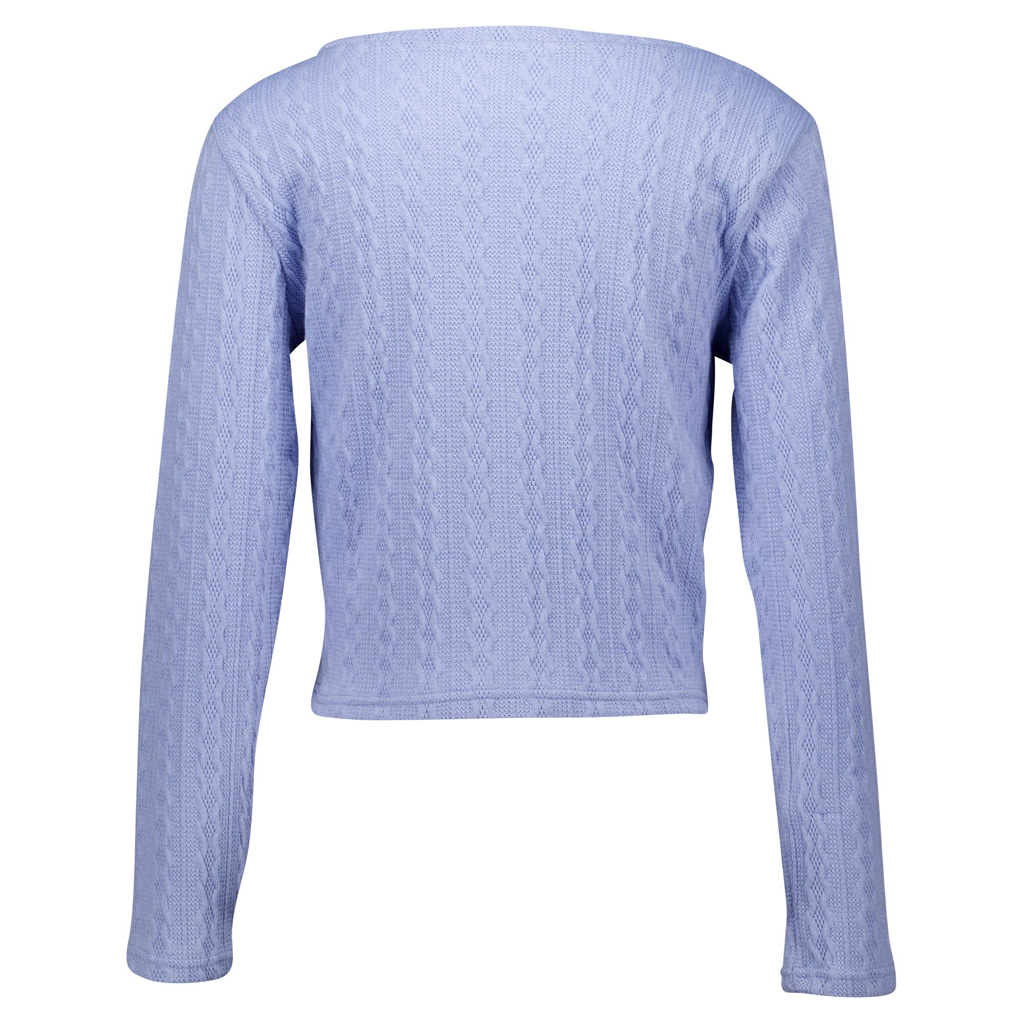 Weibliches Model mit Rock your Day Strickjacke in Soft Blue