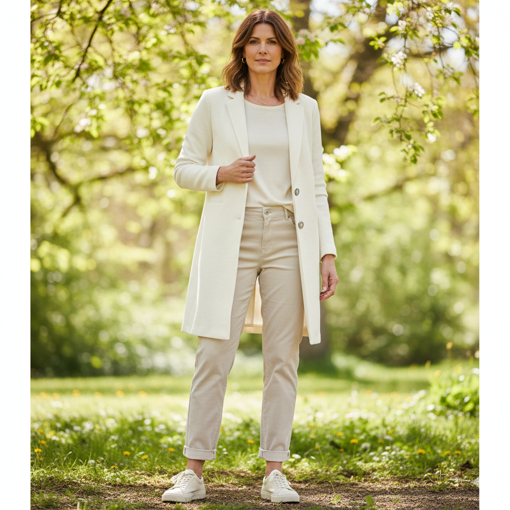 Weibliches Model mit CAMPS BAY Long-Blazer in Cream