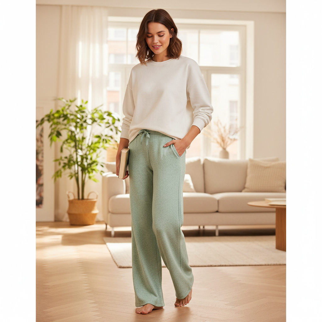 Weibliches Model mit CAMPS BAY Pants in Mineral Green Melange