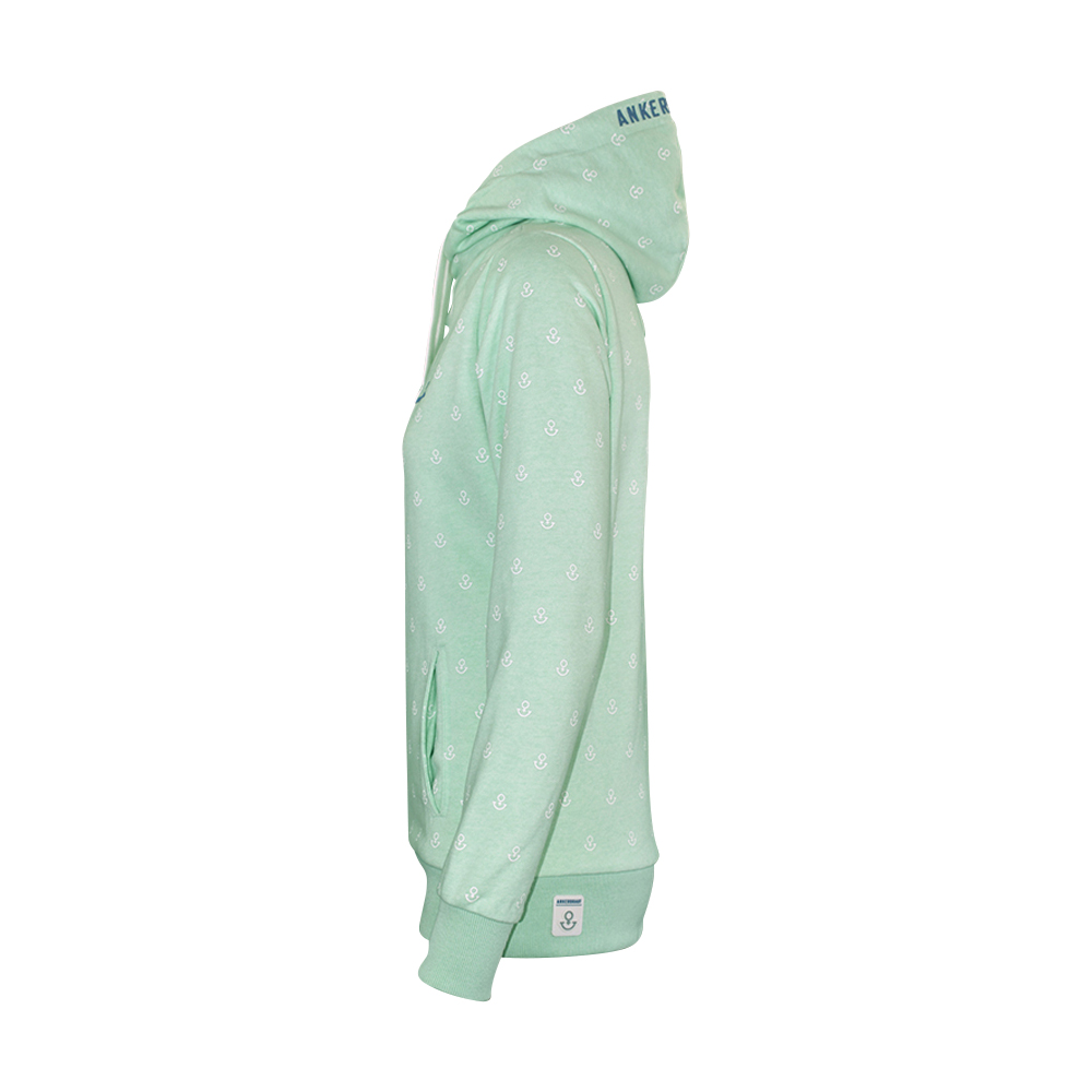 ANKERBRAUT Hoodie "...und vergiss nicht, glücklich zu sein" Weibliches Model mit ANKERBRAUT Hoodie in Mint Melange