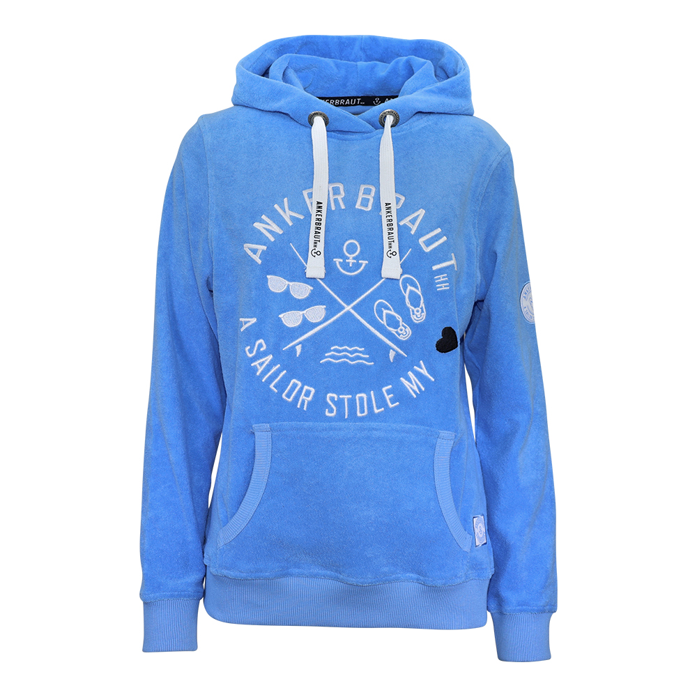 ANKERBRAUT Frottee-Hoodie "Warum auf später warten?" Weibliches Model mit ANKERBRAUT Frottee-Hoodie in Provance
