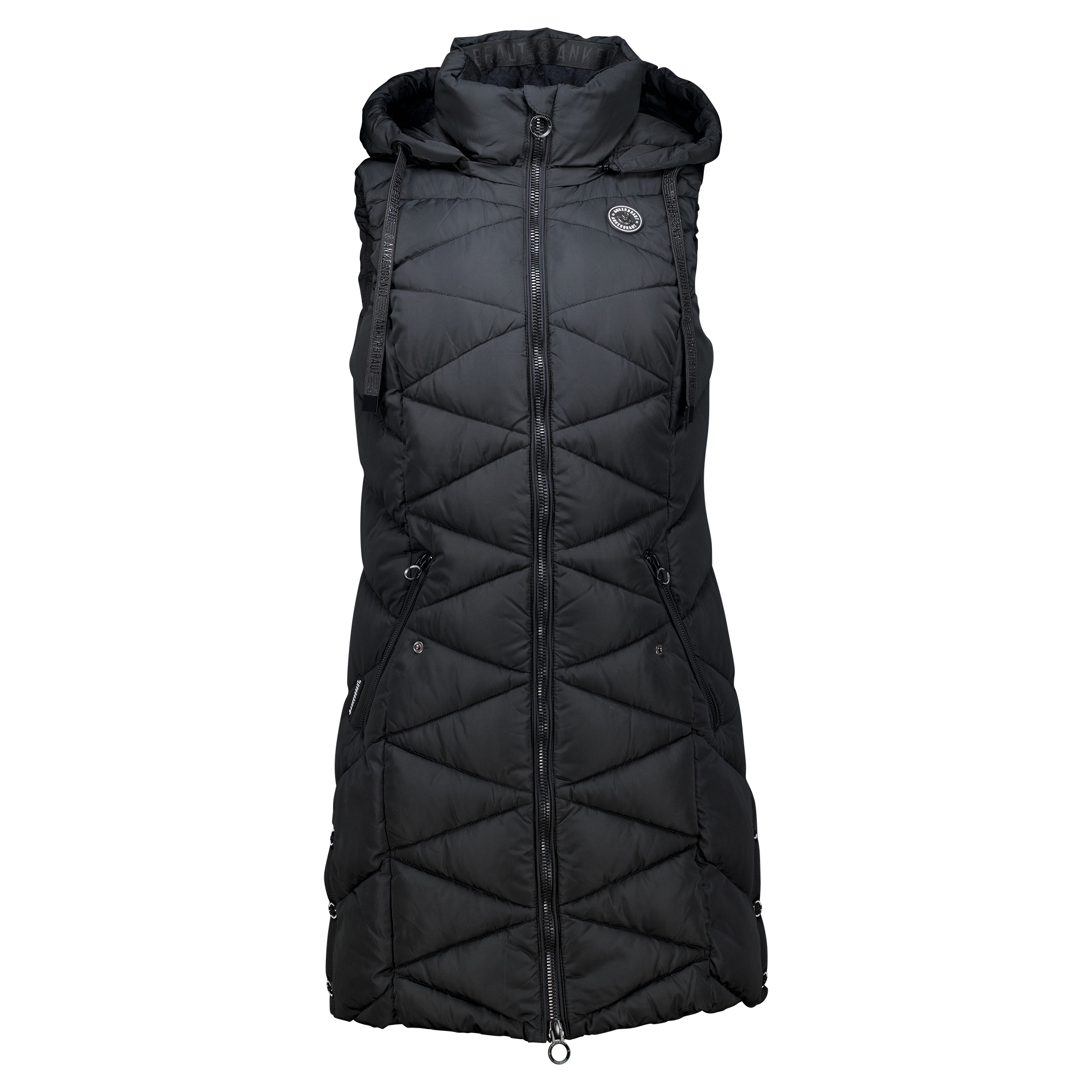 Weibliches Model mit ANKERBRAUT Long-Weste in Schwarz