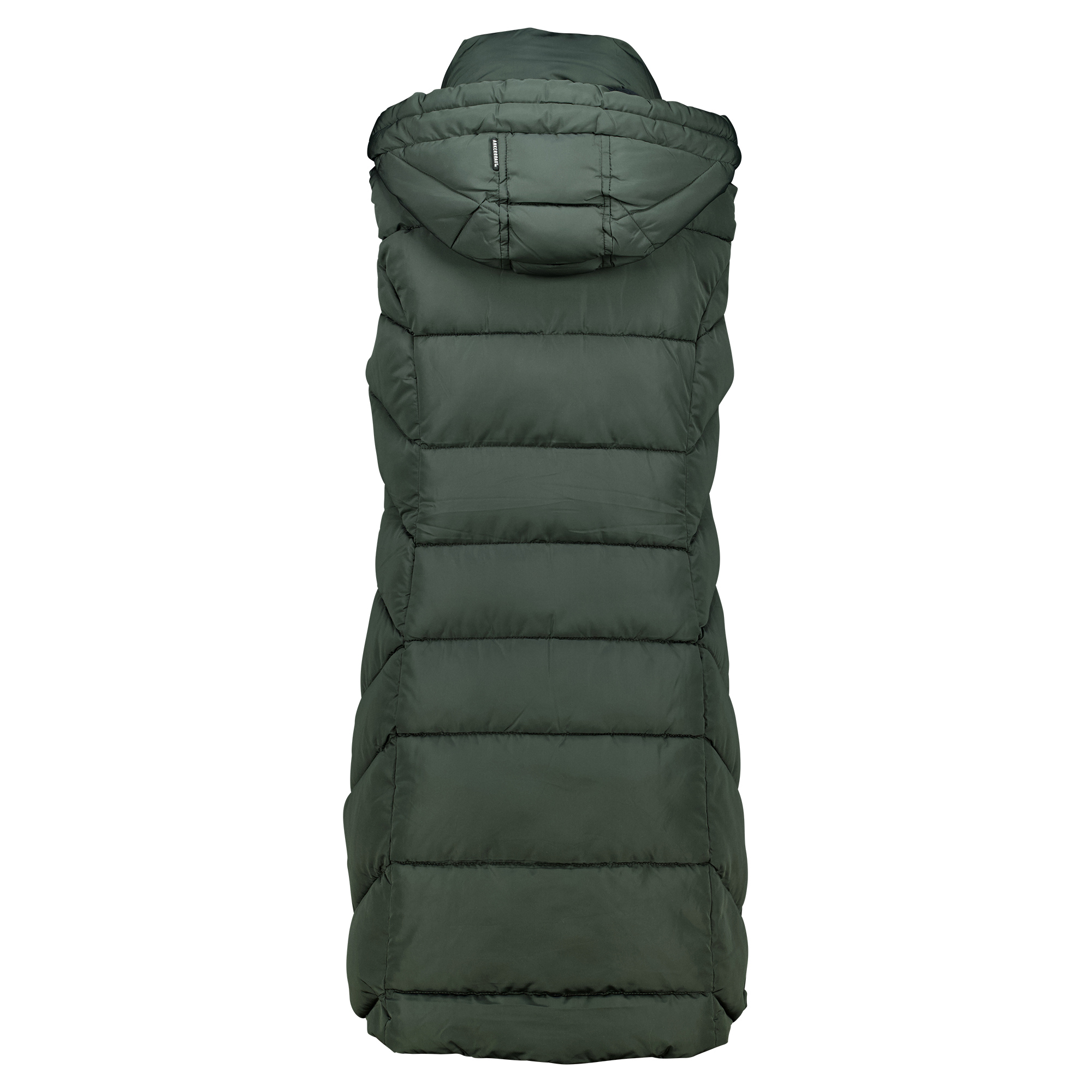 Weibliches Model mit ANKERBRAUT Long-Weste in Dark Olive