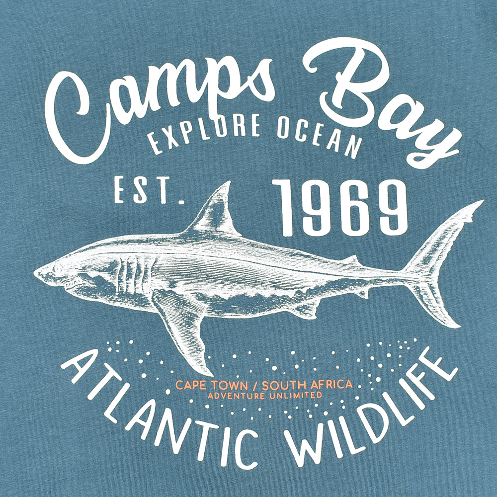 Männliches Model mit CAMPS BAY T-Shirt in China Blue
