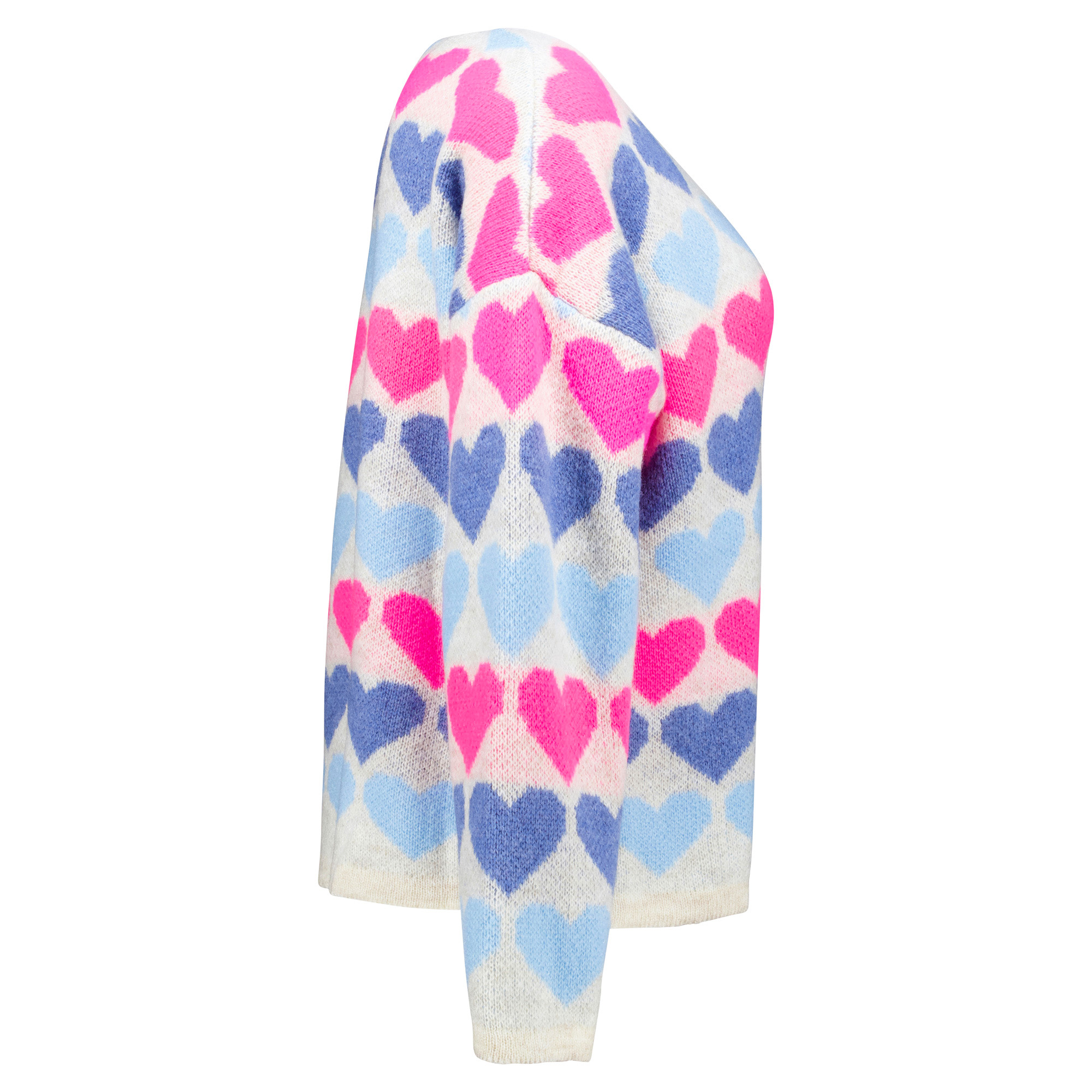 Weibliches Model mit Rock Your Day Strickjacke in Beige-Blue-Hearts