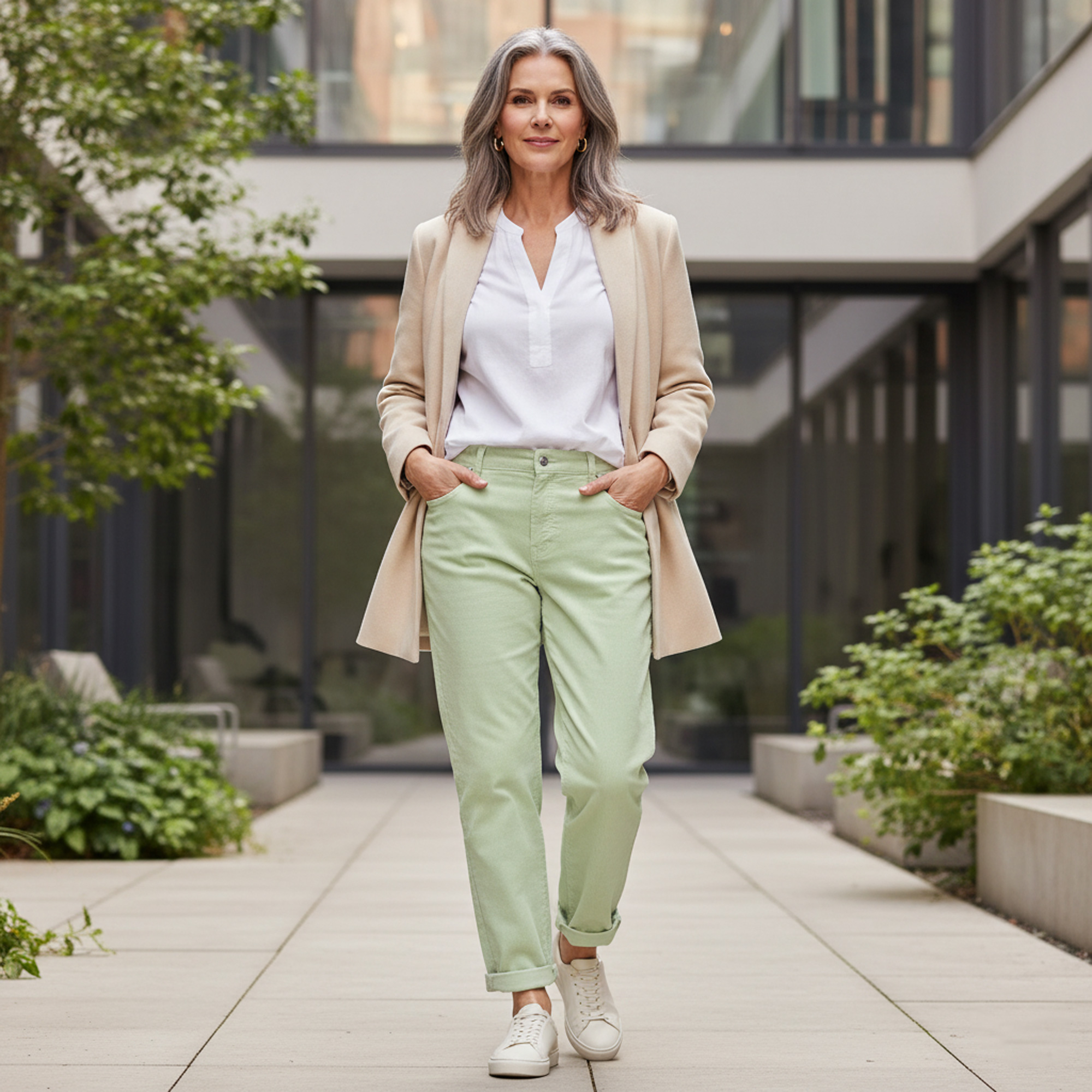 Weibliches Model mit CAMPS BAY Cordhose in Matcha