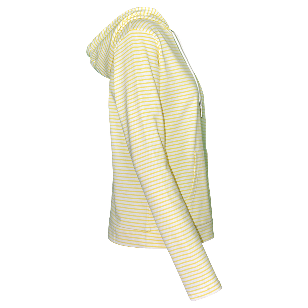 Weibliches Model mit CAMPS BAY Hoodie in Gelb-Weiss