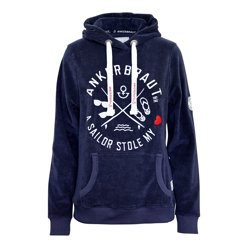 Weibliches Model mit ANKERBRAUT Frottee-Hoodie 