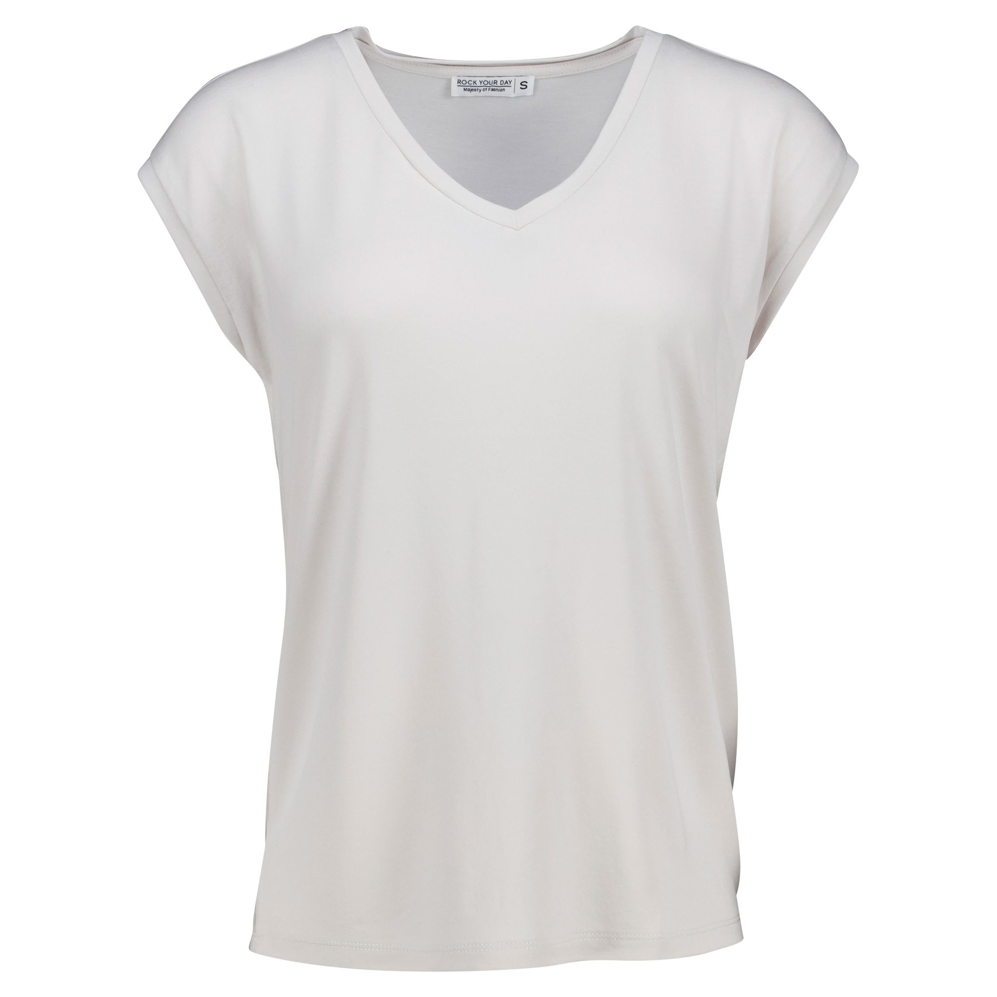 Weibliches Model mit Rock Your Day T-Shirt in Greige