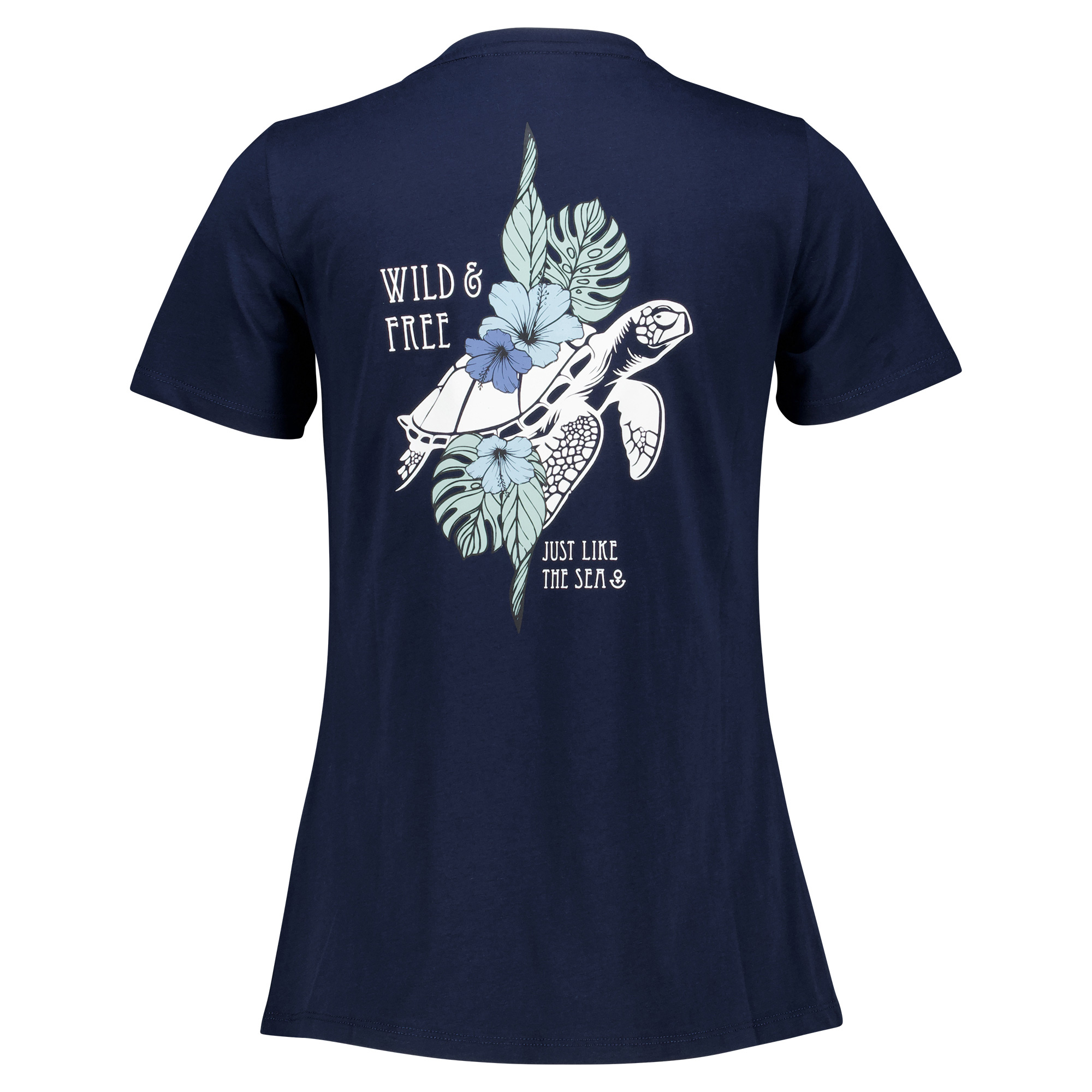 Weibliches Model mit ANKERBRAUT T-Shirt in Dark Sapphire