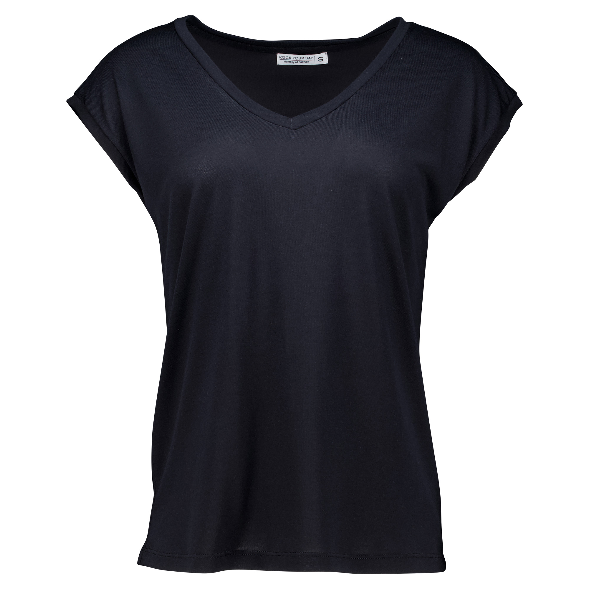 Weibliches Model mit Rock Your Day T-Shirt in Schwarz
