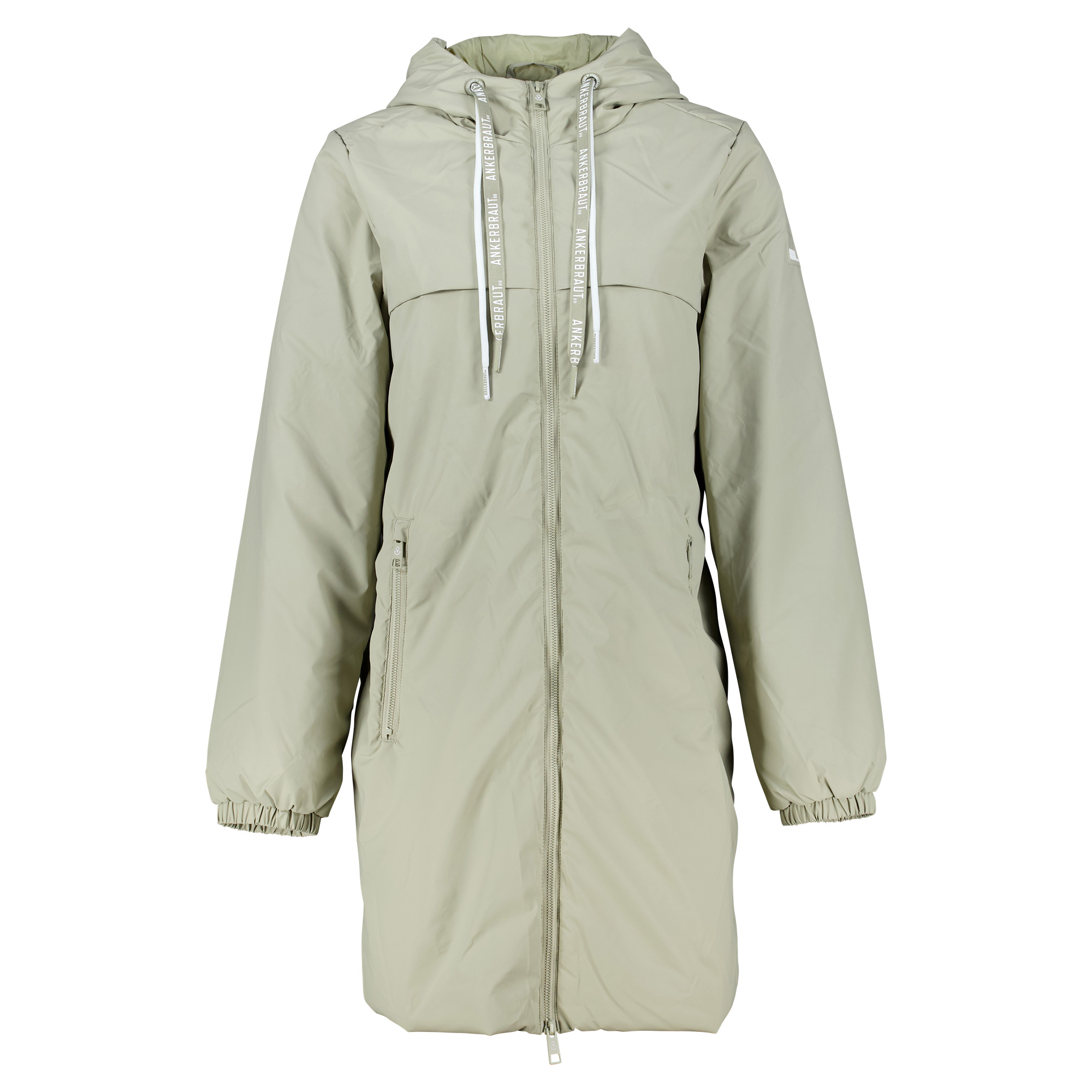 Weibliches Model mit ANKERBRAUT Wetter-Longjacke in Abbey Stone