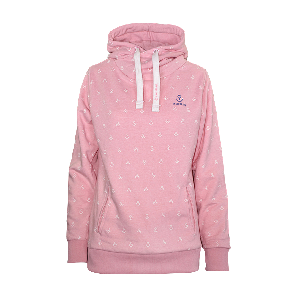 Weibliches Model mit ANKERBRAUT Hoodie in Rosa Melange
