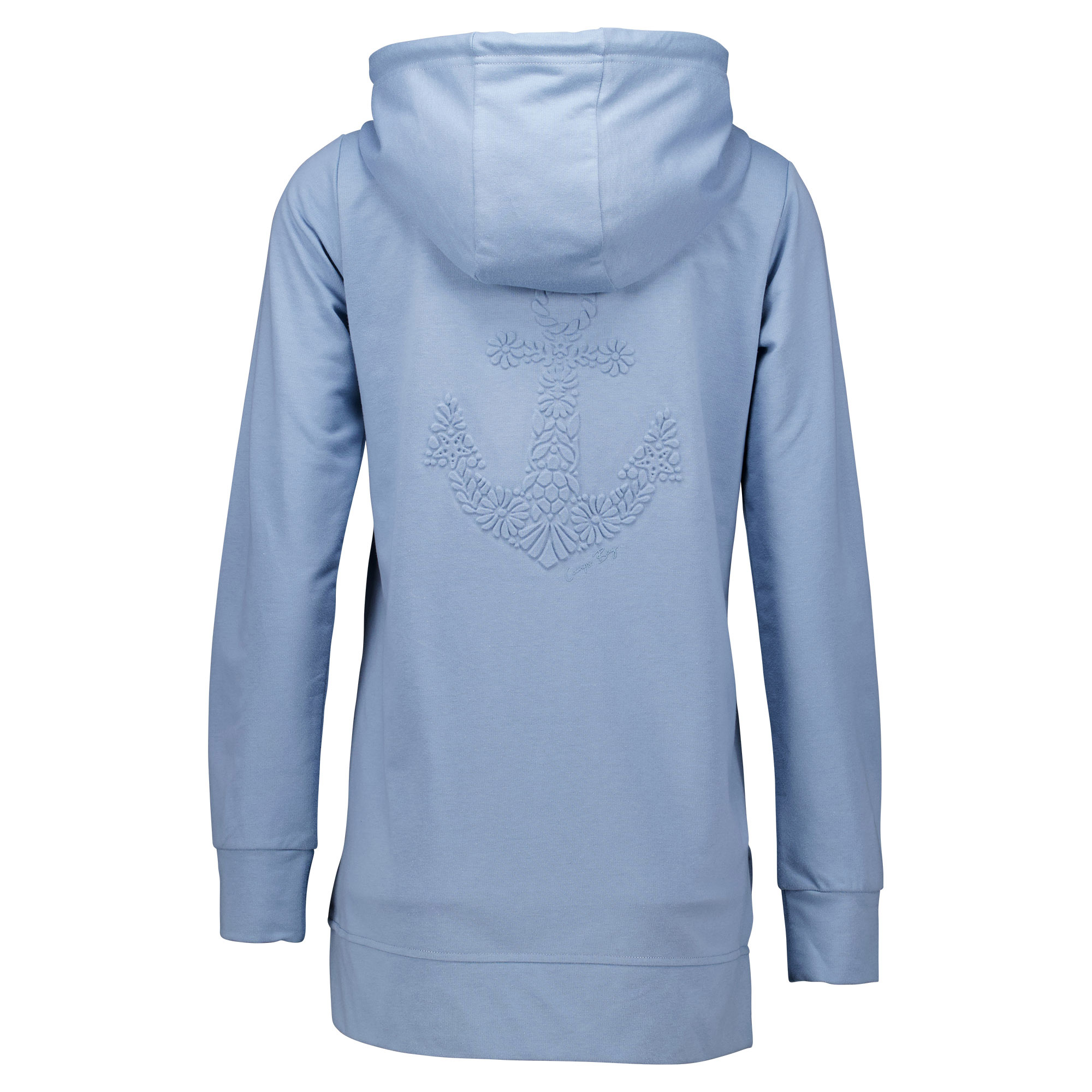 Weibliches Model mit Camps Bay Sweatjacke in Windward Blue