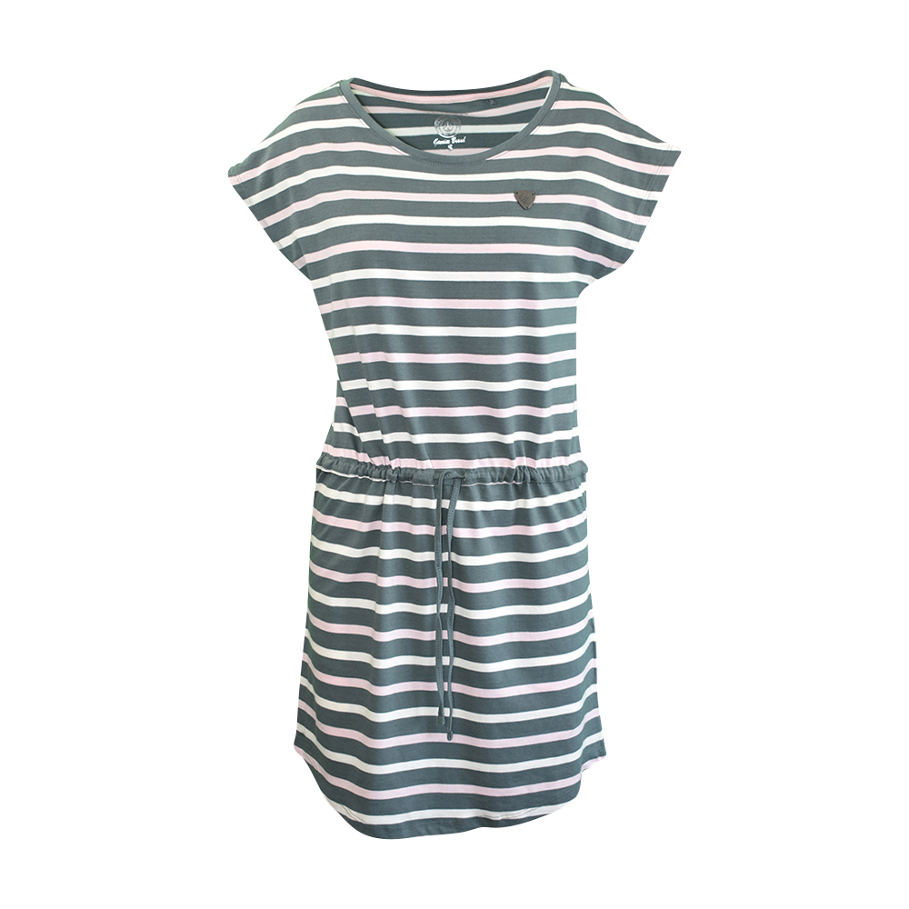 Weibliches Model mit CAMPS BAY Jerseykleid in Balsam Green-Cradle Pink-Cloud Dancer