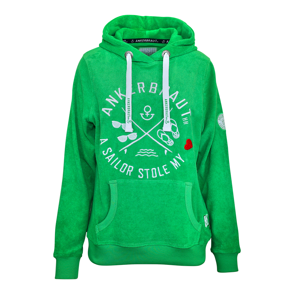 Weibliches Model mit ANKERBRAUT Frottee-Hoodie in Vibrant Green