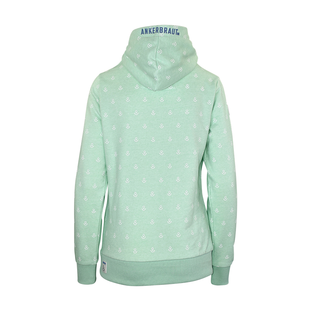 ANKERBRAUT Hoodie "...und vergiss nicht, glücklich zu sein" Weibliches Model mit ANKERBRAUT Hoodie in Mint Melange