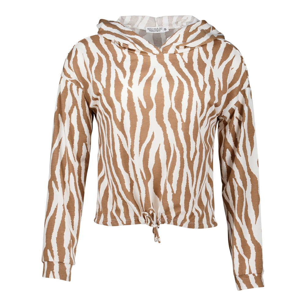Weibliches Model mit Rock your Day Shirt in Beige Zebra