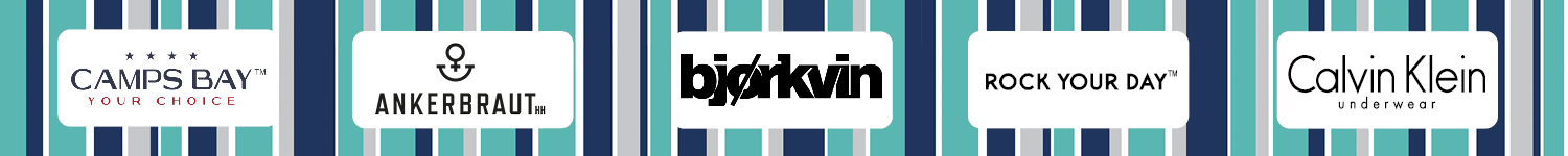 Bunter Streifenhindergrund mit den fünf Mode-Marken Camps Bay, Ankerbraut, Björkvin, Rock Your Day und Calvin Klein Underwear