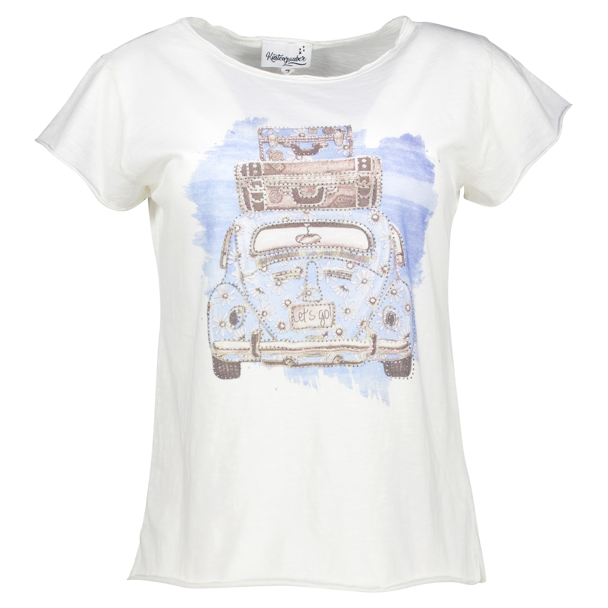 Weibliches Model mit Küstenzauber T-Shirt in Pearl Blue Bus