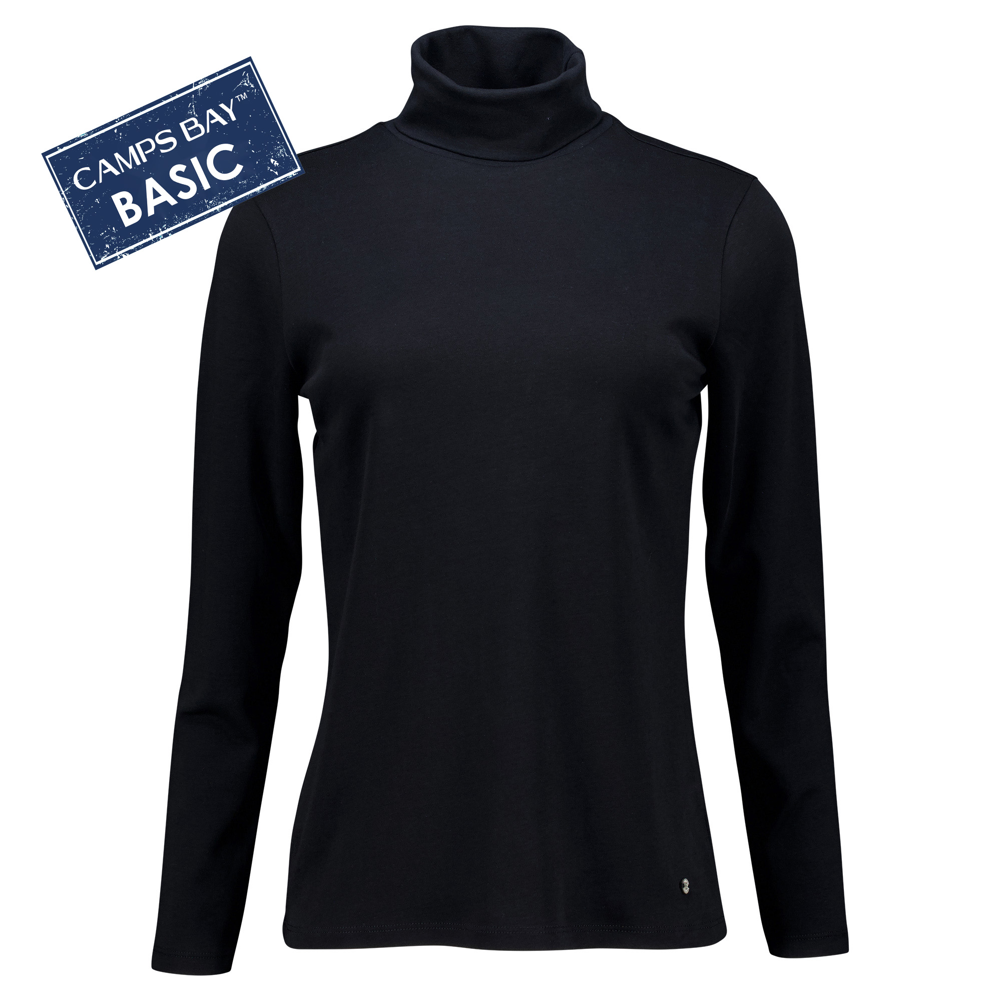 Weibliches Model mit CAMPS BAY Rollkragen-Shirt in Schwarz