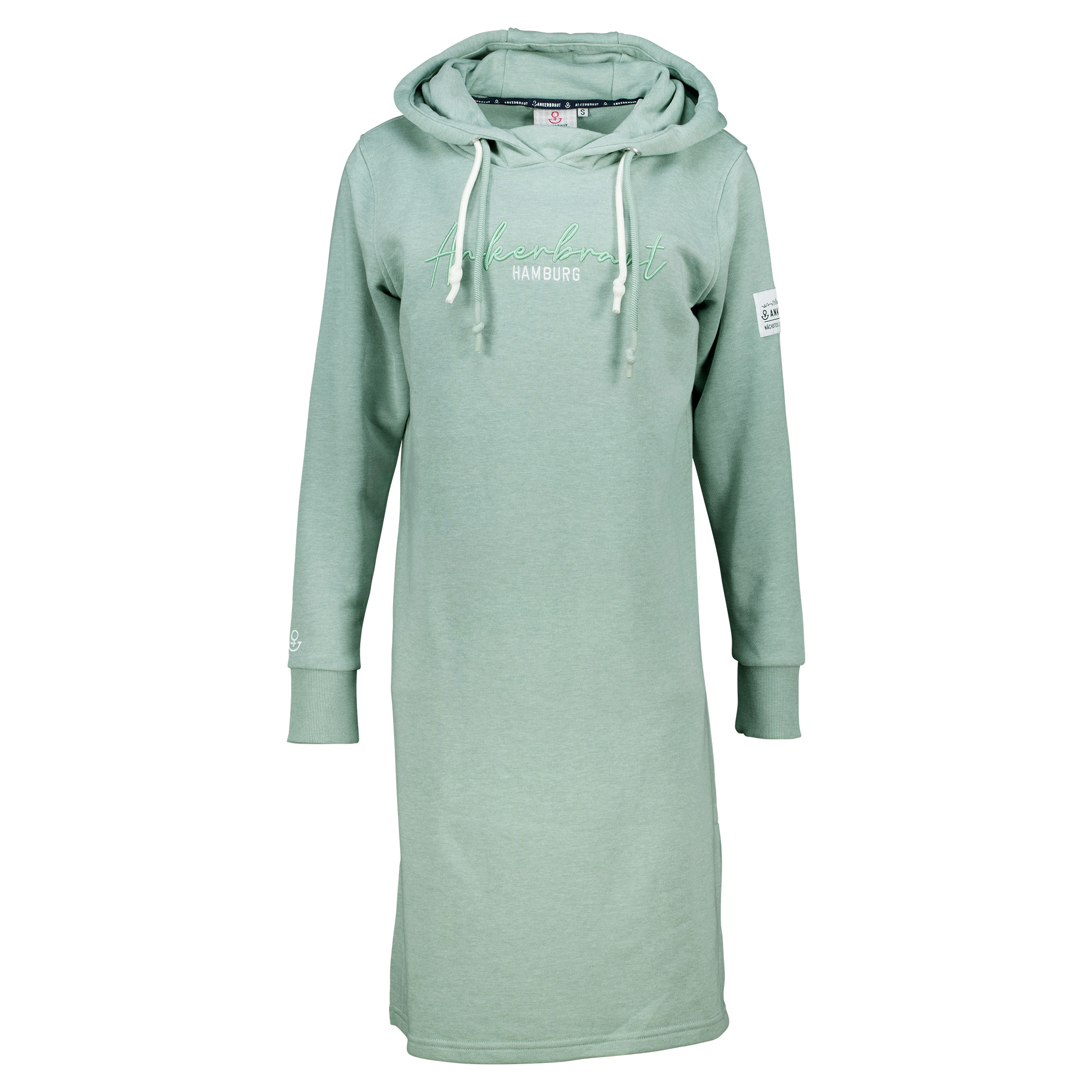 Weibliches Model mit ANKERBRAUT Sweatkleid in Chinois Green