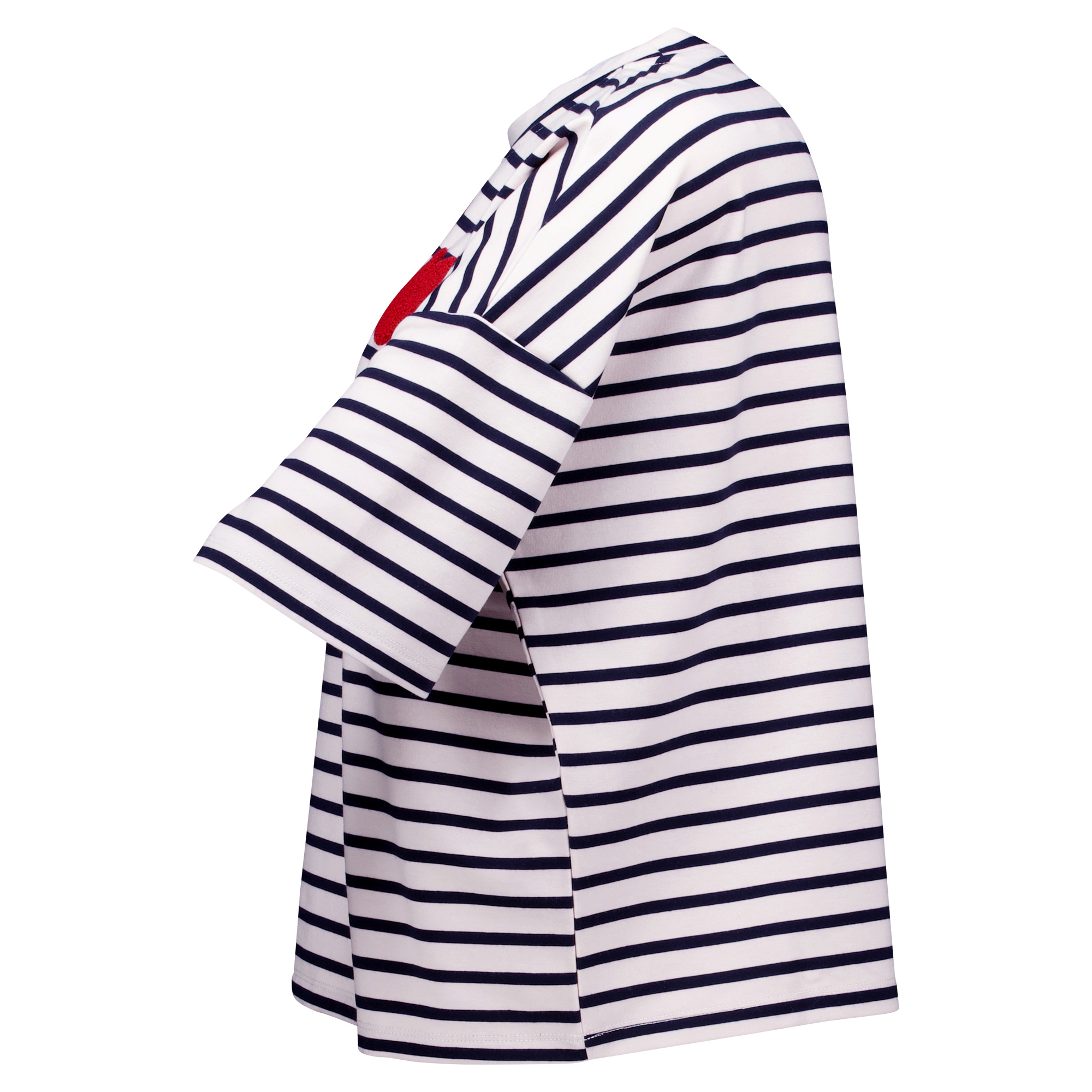 Weibliches Model mit Rock Your Day Shirt in Offwhite-Navy-Stripe