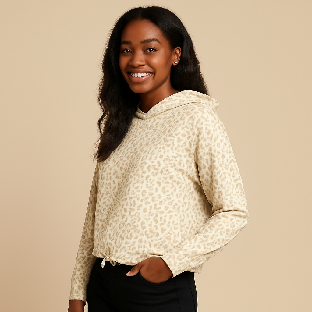 Weibliches Model mit Rock your Day Shirt in Offwhite Leo
