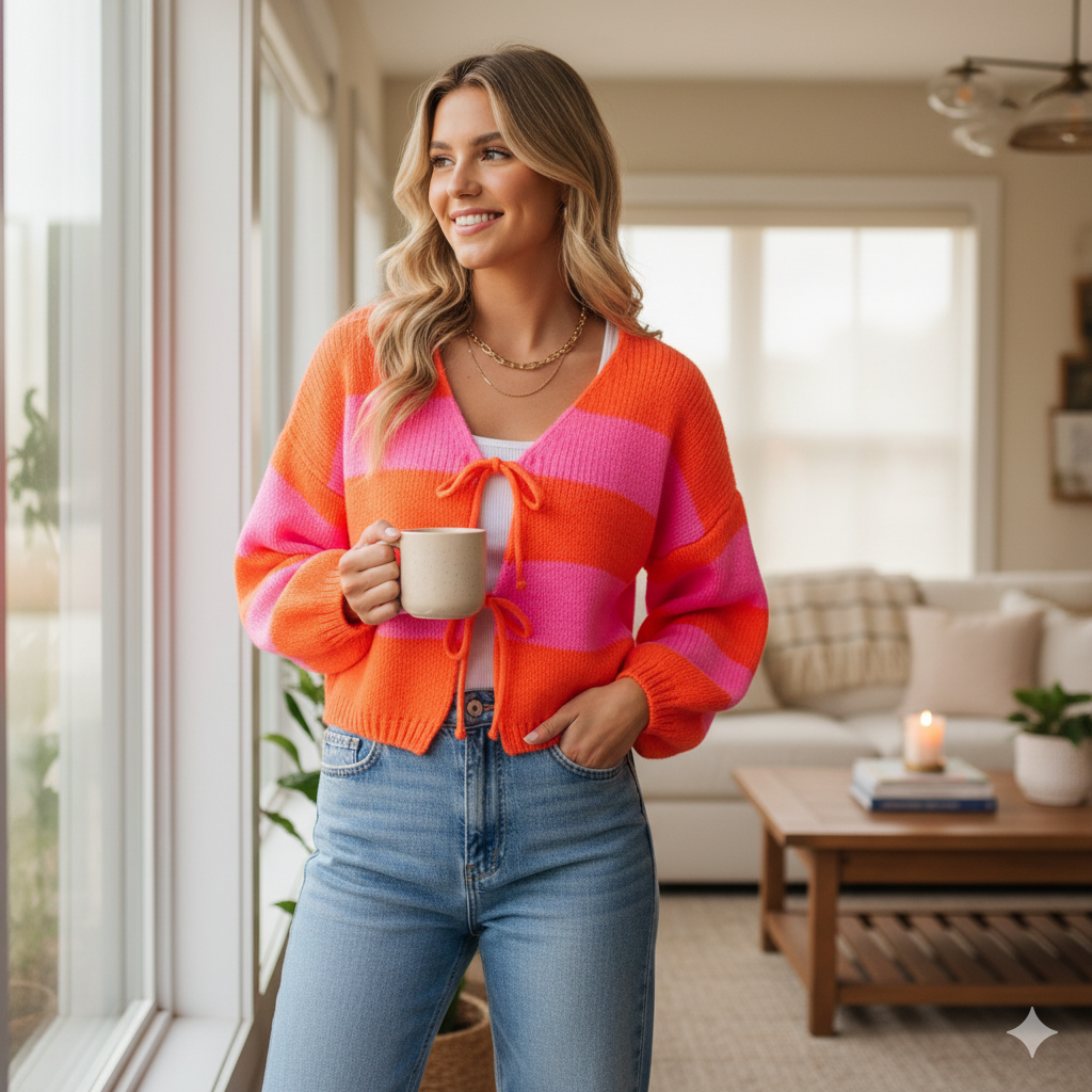 Weibliches Model mit Rock Your Day Kuschelstrickjacke 