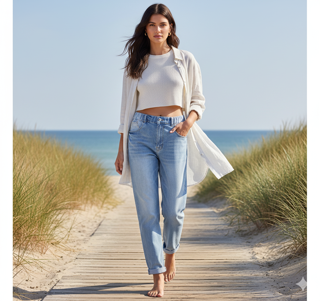Weibliches Model mit CAMPS BAY Jeans in Light Blue