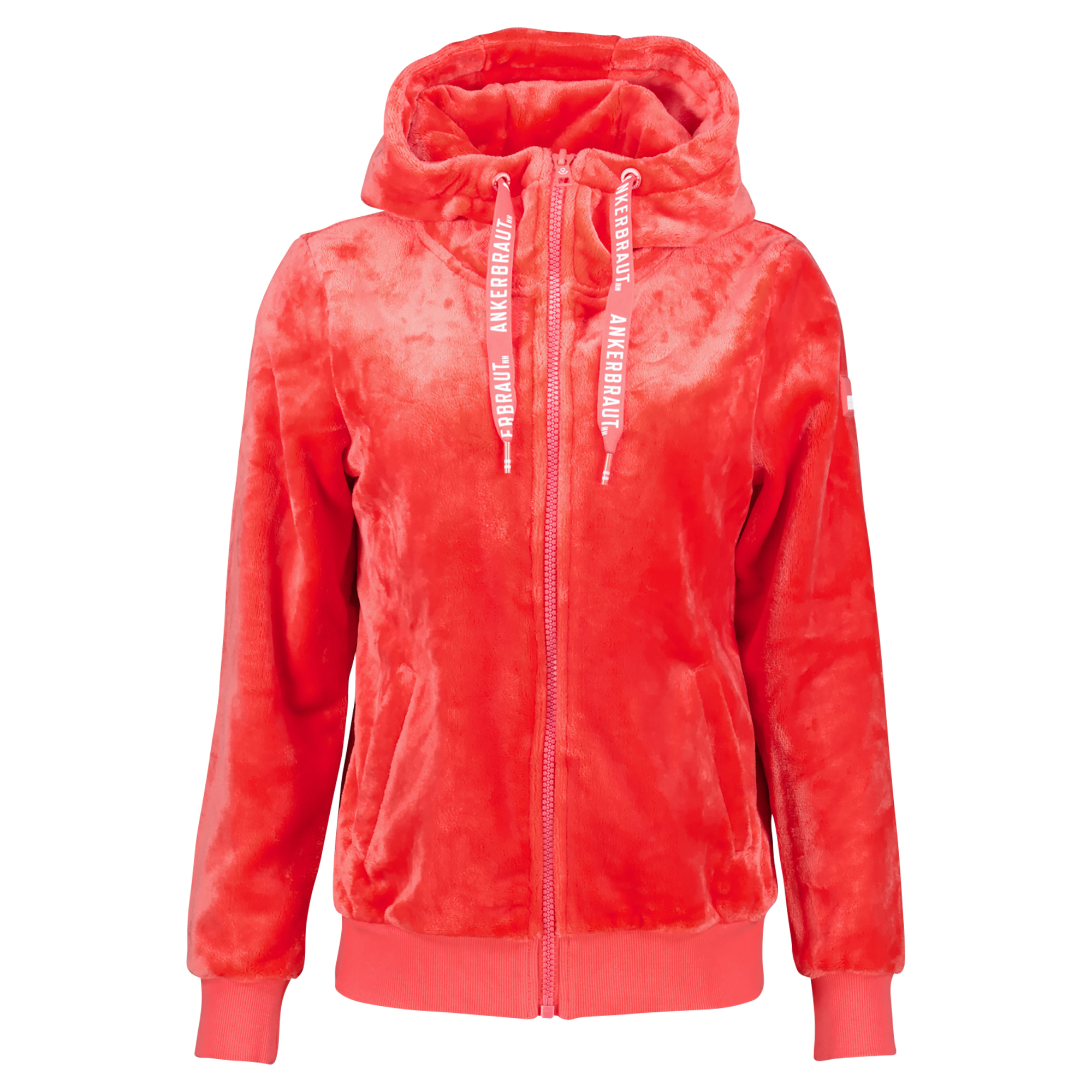 Weibliches Model mit ANKERBRAUT Kuschel-Jacke in Koralle