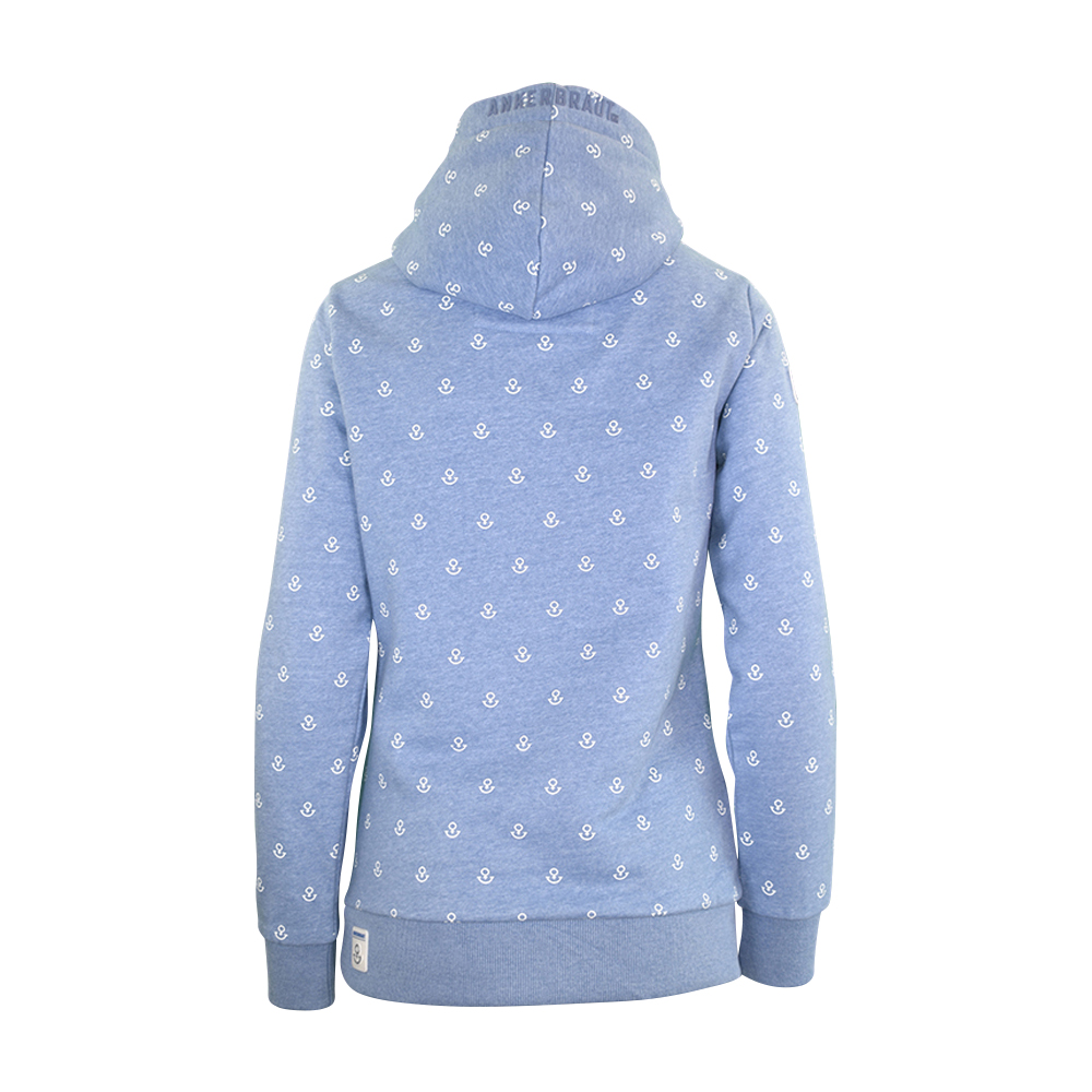 ANKERBRAUT Hoodie "...und vergiss nicht, glücklich zu sein" Weibliches Model mit ANKERBRAUT Hoodie in Blue Melange