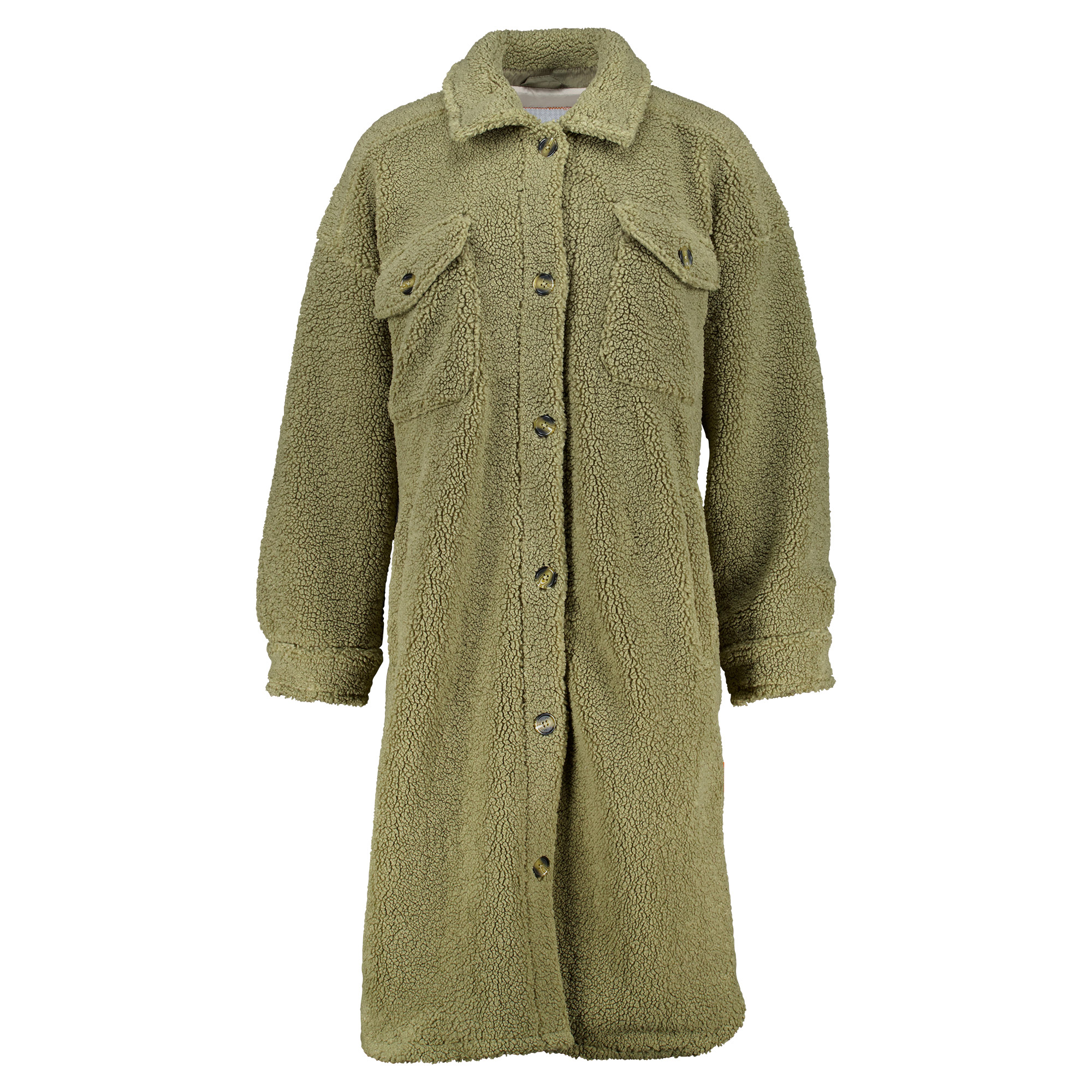 Weibliches Model mit ANKERBRAUT Teddy-Mantel in Light Olive