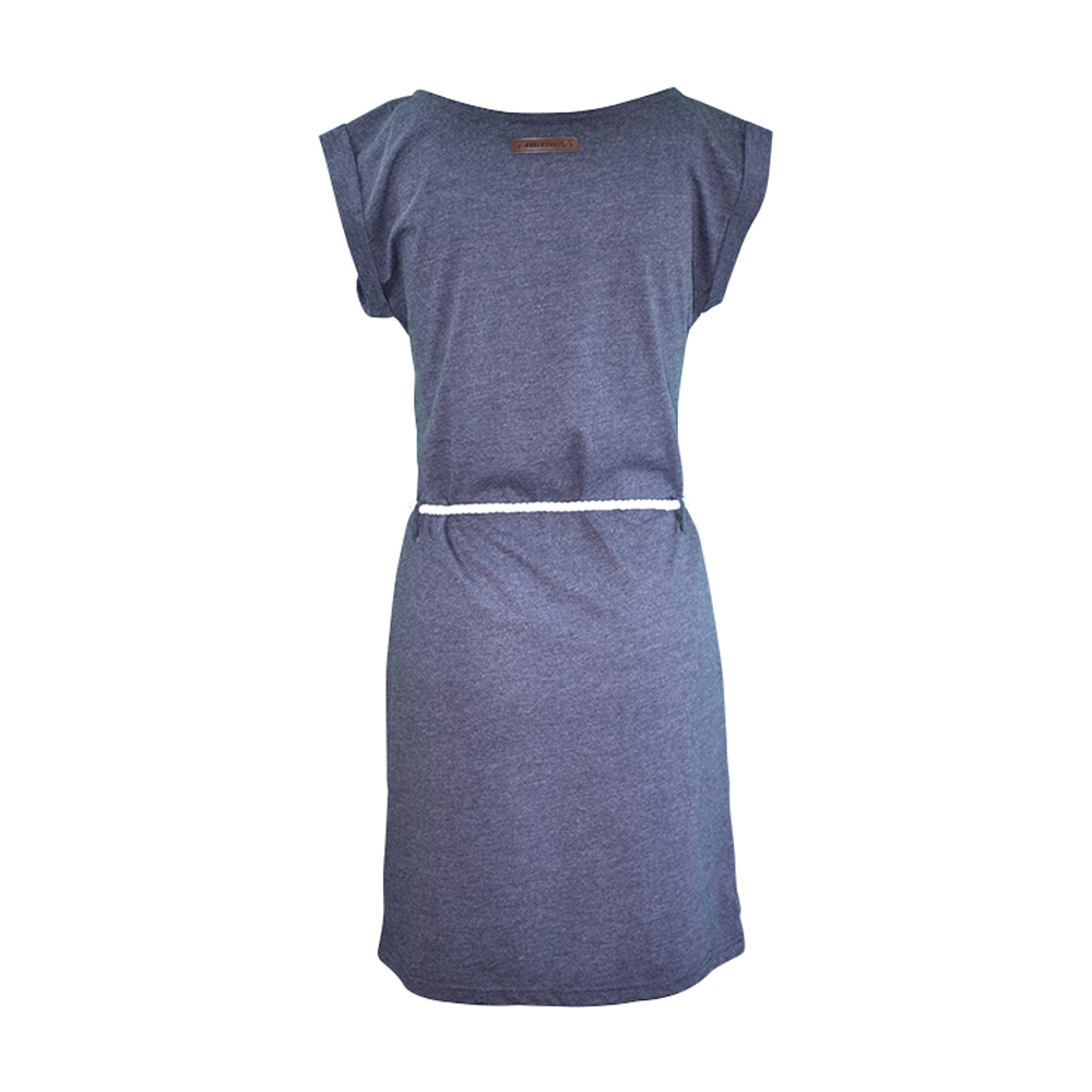Weibliches Model mit ANKERBRAUT Jerseykleid in Blau Melange