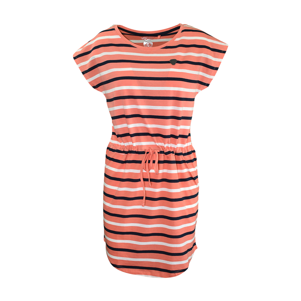 Weibliches Model mit CAMPS BAY Jerseykleid in Fusion Coral-Night Sky-Cloud Dancer